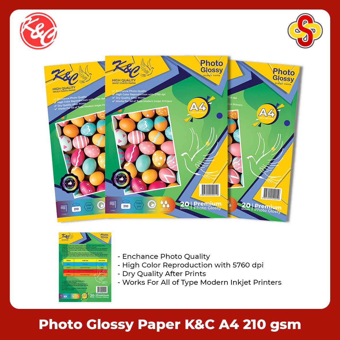 Photo Glossy Paper / Kertas Foto Mengkilap Ekonomis K&C A4 210 gsm Isi 20 Lbr
